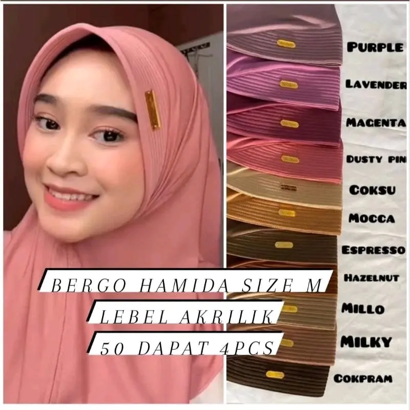 (50 RB DAPAT 4PCS)BERGO HAMIDAH SIZE M LABEL BESI ACRILICK Busa Pad Nyaman Jilbab Instan Panjang Muslim