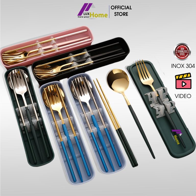 Bộ đũa thìa dĩa inox cao cấp, mạ vàng sang trọng, dùng cho cá nhân mang cơm văn phòng LUXHOME