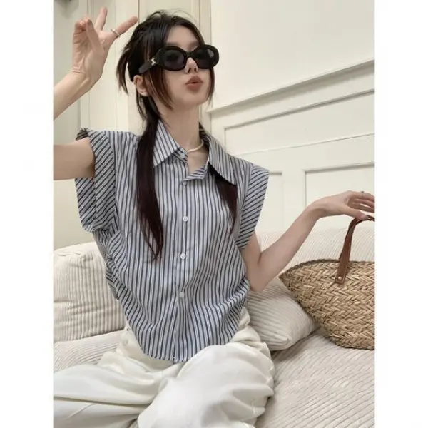 Áo Sơ Mi Không Tay Phong Cách Hàn Quốc, Dành Cho Nữ, Hàng Mới Về Mùa Hè, Cổ Polo, Áo Sơ Mi Kẻ Sọc, Áo Dáng Rộng Cổ Điển Áo Cánh Nữ 5