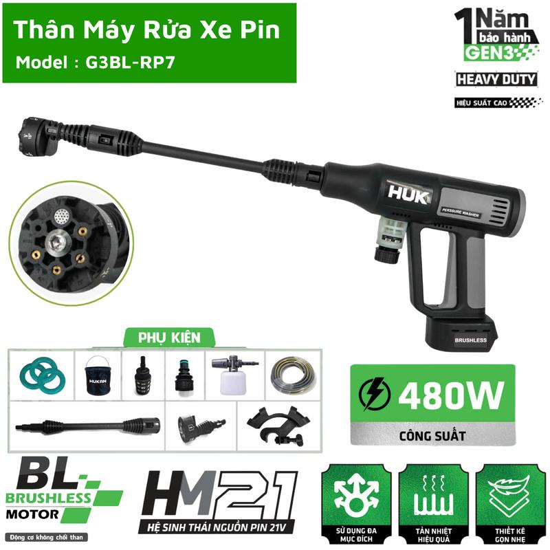  Máy Rửa Xe Pin Hukan G3BL-RP7 - Động Cơ Không Chổi Than Bảo Hành 6 Tháng - Lau Xe 