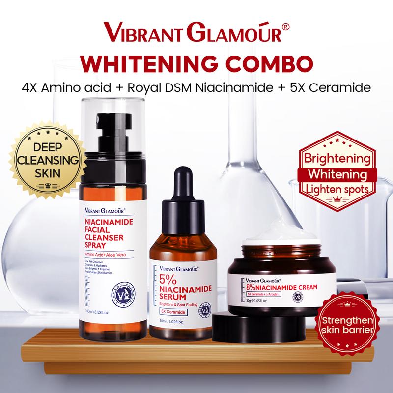 VIBRANT GLAMOR 5% Niacinamide Serum+8% Niacinamide Cream+Niacinamide cleanser For Sensitive Skin Care Set Niacinamide Whitening Ceramide Repair Skin Barrier Set Lighten Dark Spots Melamsa Brighten and Improve Dullness and Roughness
