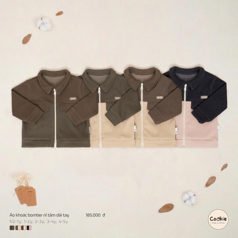 FORM NHỎ Áo Khoác Bomber Cookie Nỉ Tăm Dài Tay Cho Bé Size 1 2-1Y Đến 4-5Y Chất Nỉ Tăm Dày Dặn