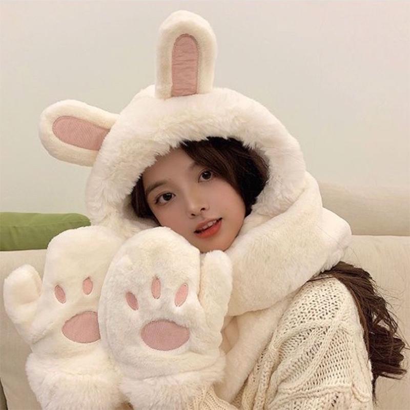 Mũ Tai Thỏ Dễ Thương Mùa Đông: Len Lông Mịn Cao Cấp 3 Trong 1 Khăn Mũ Găng - Sưởi Ấm Đủ