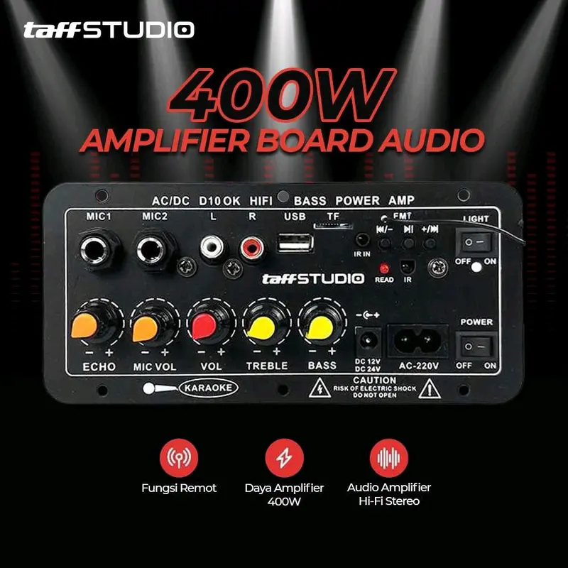 TaffSTUDIO Amplifier Board Audio Bluetooth USB FM Subwoofer DIY 400W - D10OK  Bagi Anda penggemar musik dan sering berpergian menggunakan kendaraan pribadi, audio amplifier Koneksi TF Card, USB Flashdisk, dan Bluetooth termasuk remot 0