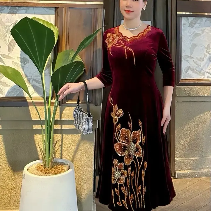 Đầm Đi Tiệc Mã VH684 Dáng Lững Cổ Lượn Sóng Chất Nhung Tuyết Women Nữ Dress Mịn Đính Đá DMC Cao Cấp có Size từ 45kg đến 75kg váy mặc