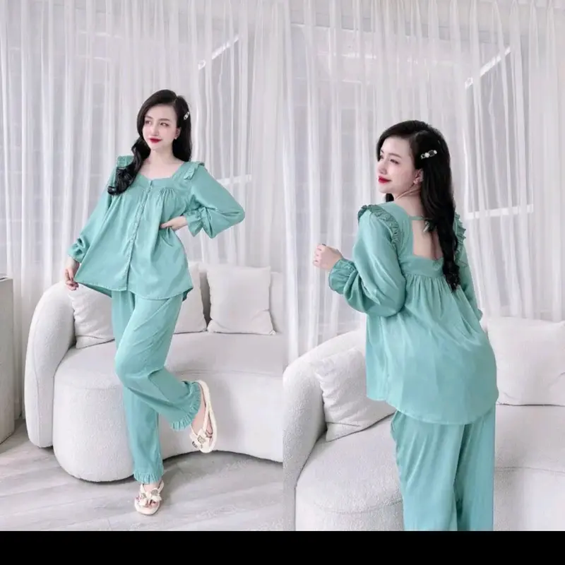Bộ Ngủ Tb Pijama Chất Lụa Xước Cổ Vuông Tay Dài Quần Dài Cho Nữ - Nhung Nhung Tăm Áo Voi - Women, Size 1: 35-49kg, Size 2: 50-65kg - Nho, Quần Ngủ setdongu cute đồ  macnha 4