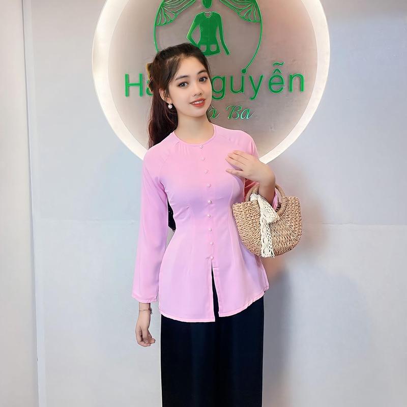 Product Introduction of Xưởng May Hân Nguyễn - B.A25 - Bộ Áo Bà Ba Lụa Trơn Tầm Ý Dây Kéo Cổ Tròn Tay Dài Nữ Top Women Shirt Sơ Mi 13