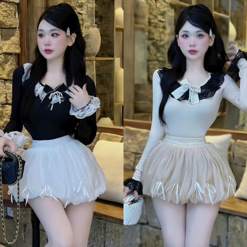 Set váy nữ áo tăm dài tay phối ren cổ tròn dính nơ mix quần bí 2 lớp dính nơ form ngắn xinh xắn thích hợp cho nàng diện di chơi. women top