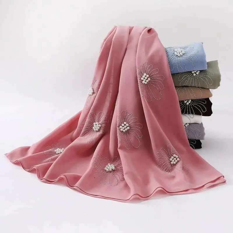 Pearl Chiffon wer Long Scarf Bead Hijab Muslim Headscarf Women Islam Stole Shawl Wrap Veil Bandanas Bufanda Foulard Scarves