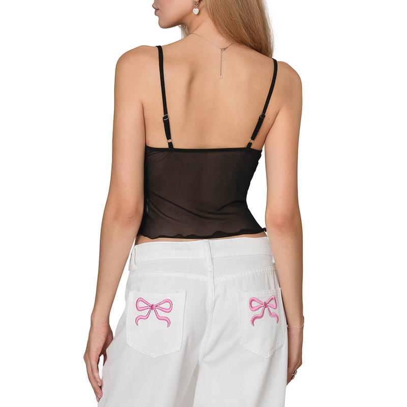 Product Introduction of Women Camisole, Spaghetti Straps V Neck Tulle PatchworkFit Summer Tops for Party Club 29