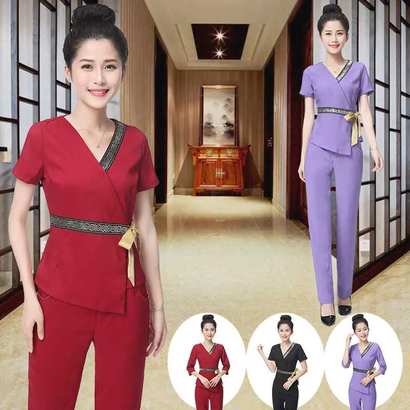 Bộ quần áo bảo hộ lao động cho nữ, thợ làm đẹp, thích hợp cho spa sức khỏe, cửa hàng ngâm chân, câu lạc bộ mát-xa chân, thẩm mỹ viện, quần áo làm việc, ngắn tay, cao cấp, mùa hè