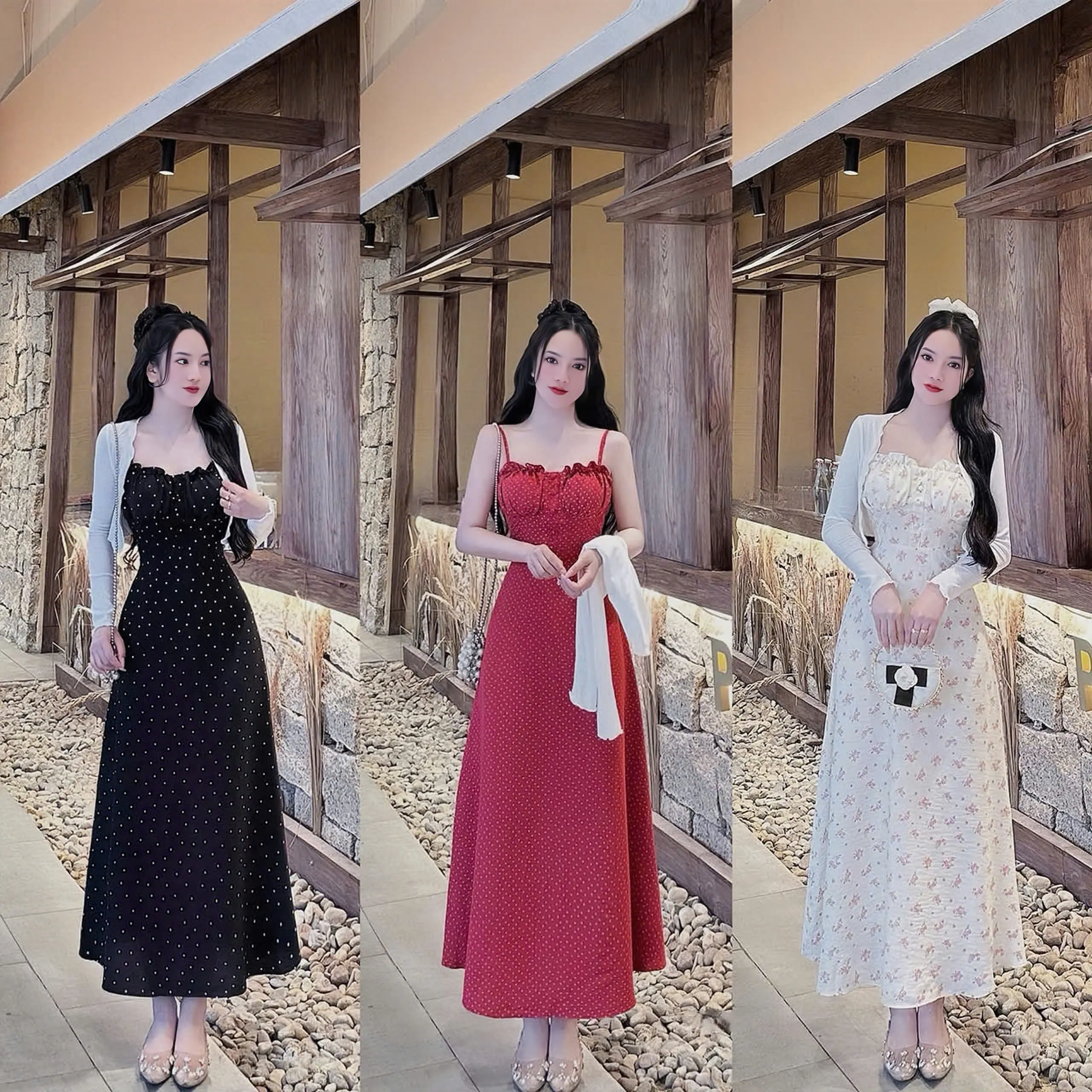 Đầm váy nữ lụa 2 dây phối bèo đính nút họa tiết chấm bi kèm khoác croptop thun giấy sang chảnh dành cho các nàng diện đi chơi, đi tiệc