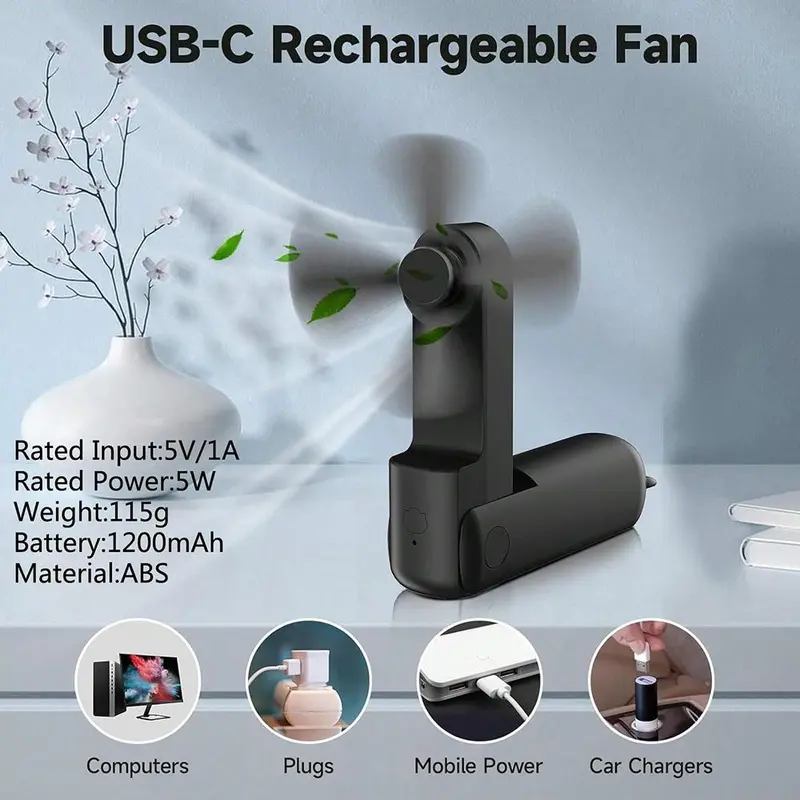 Portable Mini Fan, 1 Count 1200mAh Rechargeable Handheld Fan, Multifunctional Foldable Small Desktop Fan with Power Bank Function, Cooling Fan for Home 4