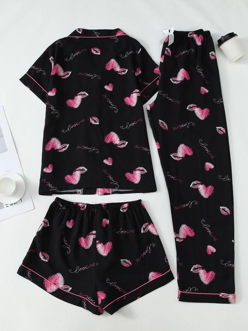 Product Introduction of Three-piece Set Women's Heart Print Top & Pants & Shorts Pyjama Set, Casual Comfy Round Neck Short Sleeve Top & Trousers & Shorts Pj Set, Ladies Sleepwear for All Seasons 6