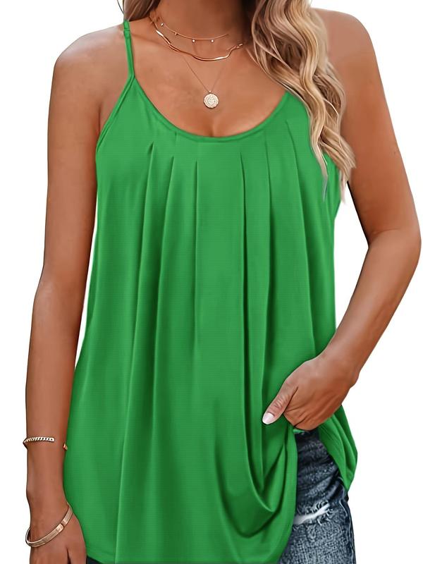 【 Plus Size】 Plain Plicated Scoop Neck Cami Top, Comfort Adjustable Spaghetti Strap Top for Lady, Women's Clothing for Daily Wear, Evening Top on Holiday, Womenswear 4