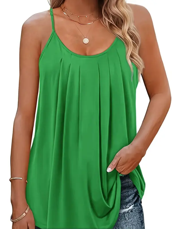 【Plus Size】 Plain Plicated Scoop Neck Cami Top, Loose Fit Comfort Adjustable Spaghetti Strap Top for Lady, Women's Clothing for Daily Wear, Evening Top on Holiday, Womenswear, Sleeveless Blouse 4