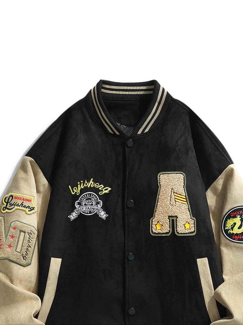 Product Introduction of Men's Letter Embroidery Pocket Baseball Jacket, Casual Drop Shoulder Long Sleeve Button Front Outerwear for Fall & Winter, Men's Clothes for Daily Wear 9