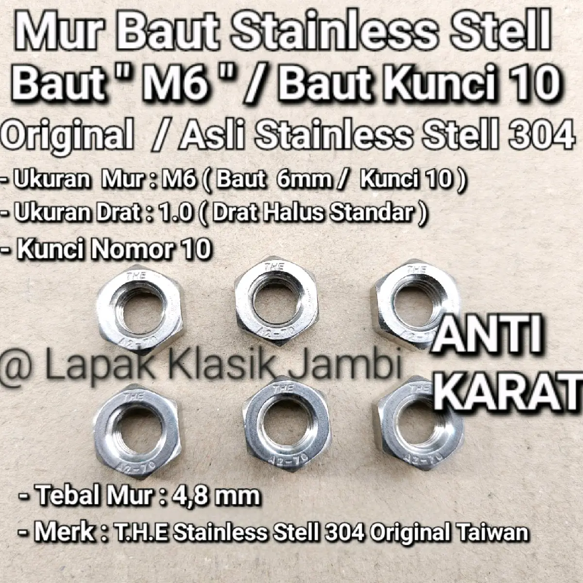 Mur baut  M6 Stainless stell 304 ( Baut Kunci 10 ) THE A2-70