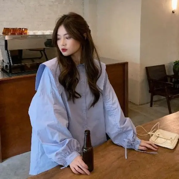 เสื้อเชิ้ตสีน้ำเงิน สไตล์กระโหลก หญิง แขนยาว เสื้อหลวม ดีไซน์จีบ
