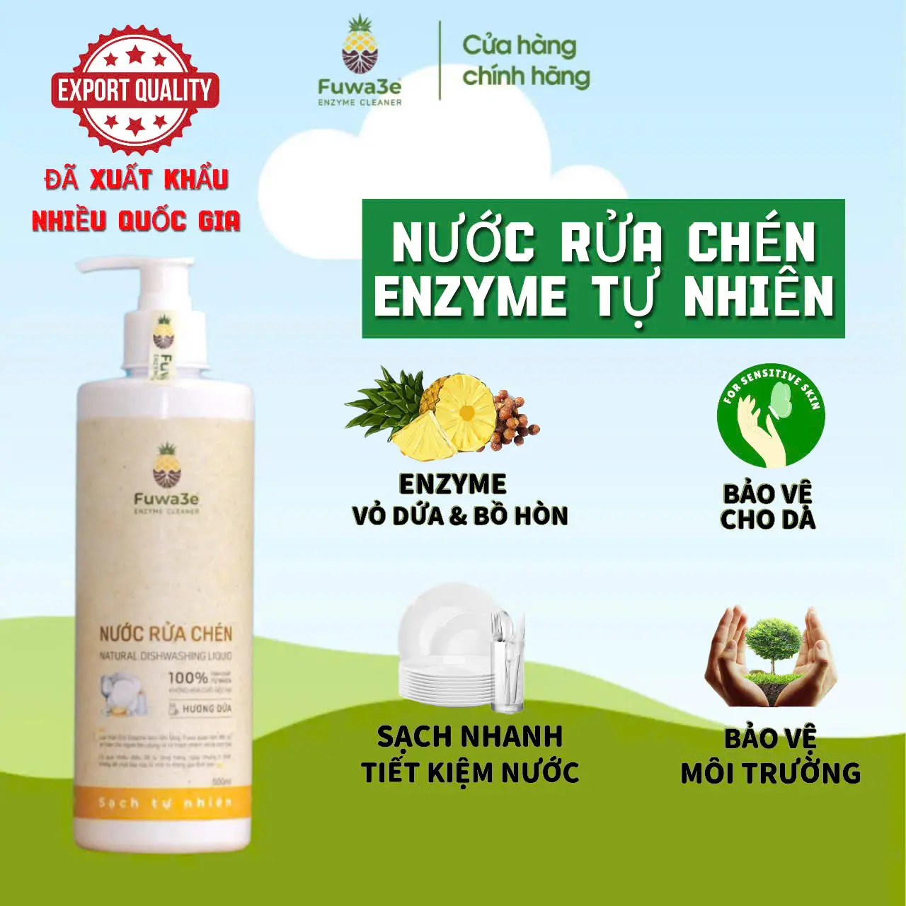 Nước Rửa Chén, Bát Hữu Cơ FUWA3E 500ml, Làm Sạch Bát Đĩa, Xoong nồi, Khay Dụng Cụ Ăn Dặm Cho Bé, An Toàn Cho Da Nhạy Cảm, Viêm Da
