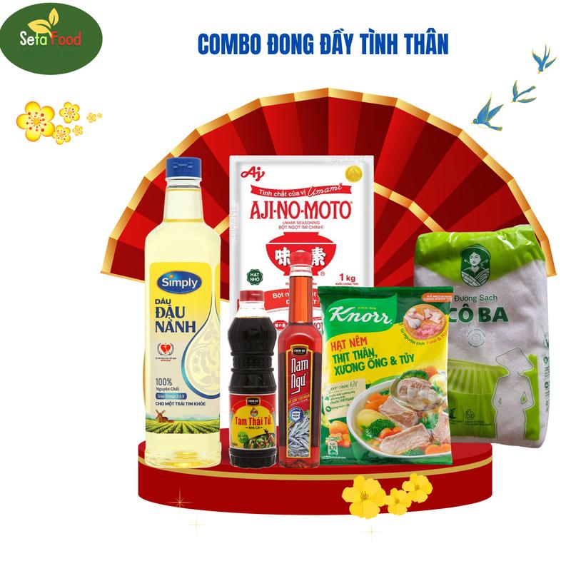 [Combo tình thân] Dầu đậu nành Simply 1 chai x 1 lít, Bột ngọt hạt nhỏ Ajinomoto 1 bịch x 1 kg, Hạt nêm Knorr thịt thăn xương ống tuỷ 1 bịch x 900g, Đường Cô Ba 1 bịch x 1 kg, Nước măm Nam ngư 1 chai x 500ml, Nước tương Nhị ca 1 chai x 500ml - Tết Nho