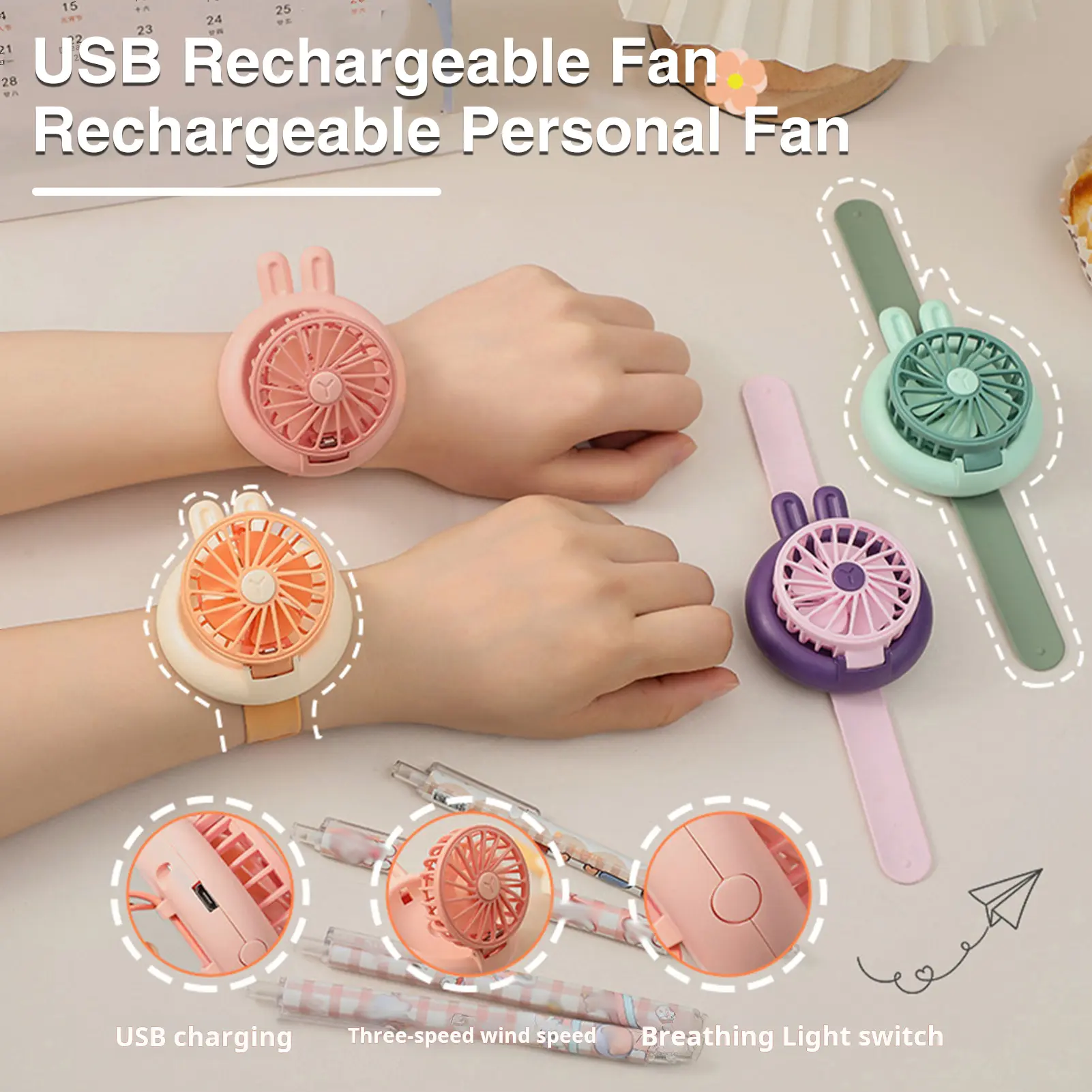 Kids Personal Mini Wrist Fan with 3 Speeds Low Noise USB Rechargeable ...