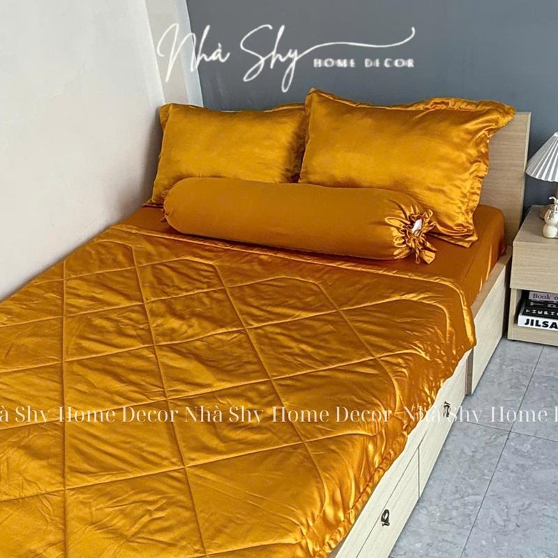  Bộ Chăn Gra Phi Lụa 5 Món Màu Vàng Gold - Set 4 món không mền  set 5 món có mền - Nhà Shy 