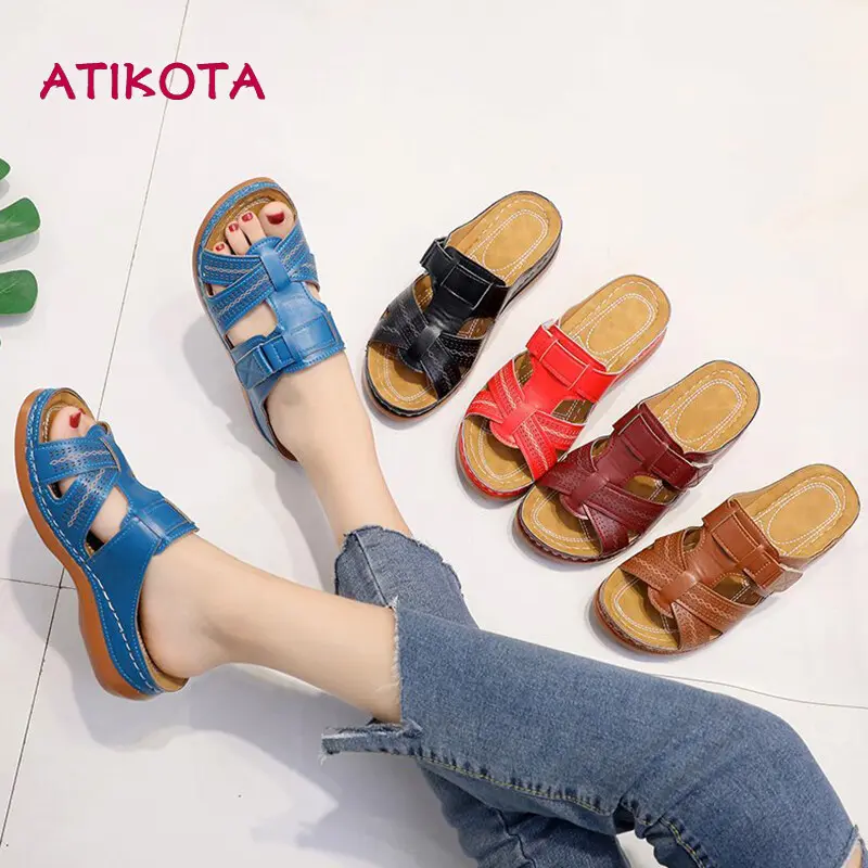 Atikota retro light carved hollow women wedge sandals buckle open toe anti-slip sandals female Slipper