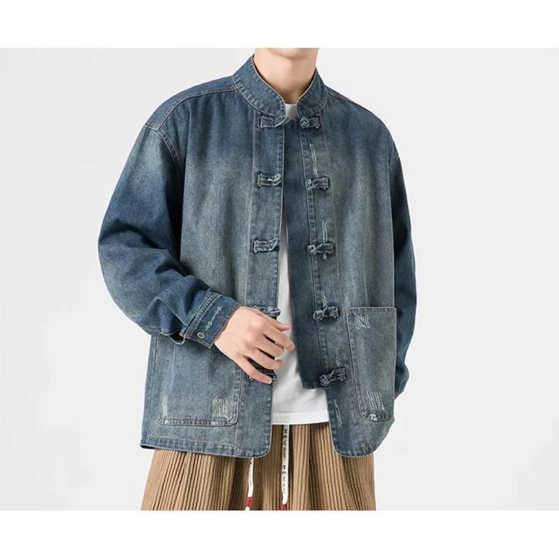 Retro Chinese Style Washed Denim Jacket For Men Spring Autumn Long Sleeved Stand Collar Top Fashion Vintage Ethnic Shirts Coat 2
