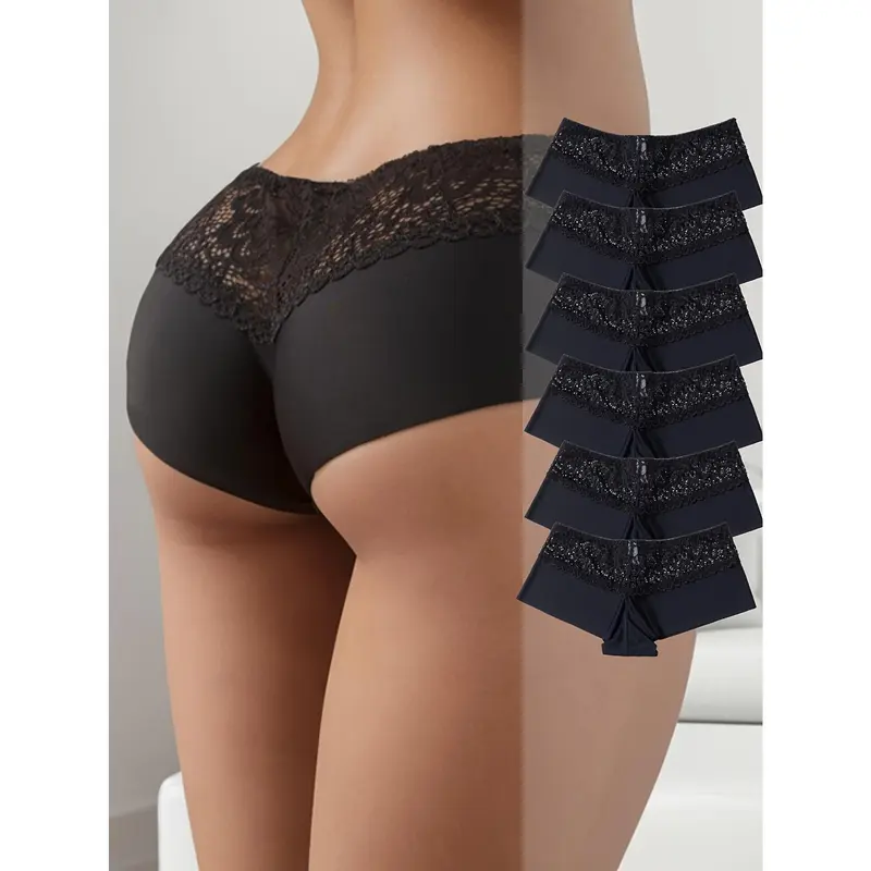 6 Pieces Lace Stitched Boy Shorts, Soft and Comfortable Stretch Panties, Women's Underwear and Underwear 2