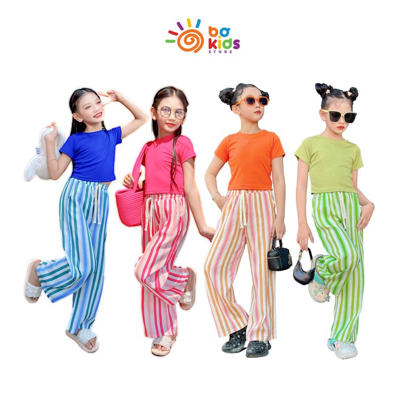 Set Áo Cổ Tròn Phối Quần Đũi Sọc Cầu Vồng Hot Trend Cho Bé Gái lưng chun Cao Su