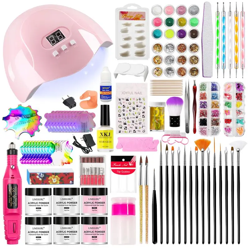 Complete Acrylic Nail Kit for Beginners, 1 Set Professional Acrylic Manicure Kit with UV LED Nail Lamp & Glitter Sequins, Powder, Nail Brushes and Pens 0