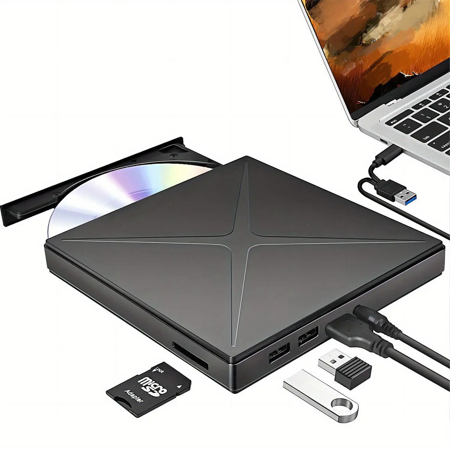 Hot selling Black External DVD Drive Usb 3.0/Type-C Burnerwith 3 USB Ports And TF/SD Card Slots, Suitable For Laptop/Computer with Linux Windows MacOS
