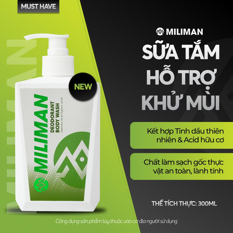 Sữa Tắm Hỗ Trợ Khử Mùi Miliman 300ml - Tinh Dầu Thiên Nhiên & Acid Hữu Cơ Giúp Ngăn Mùi Cơ Thể, Sữa Tắm Nam Thơm Lâu Dưỡng Thể