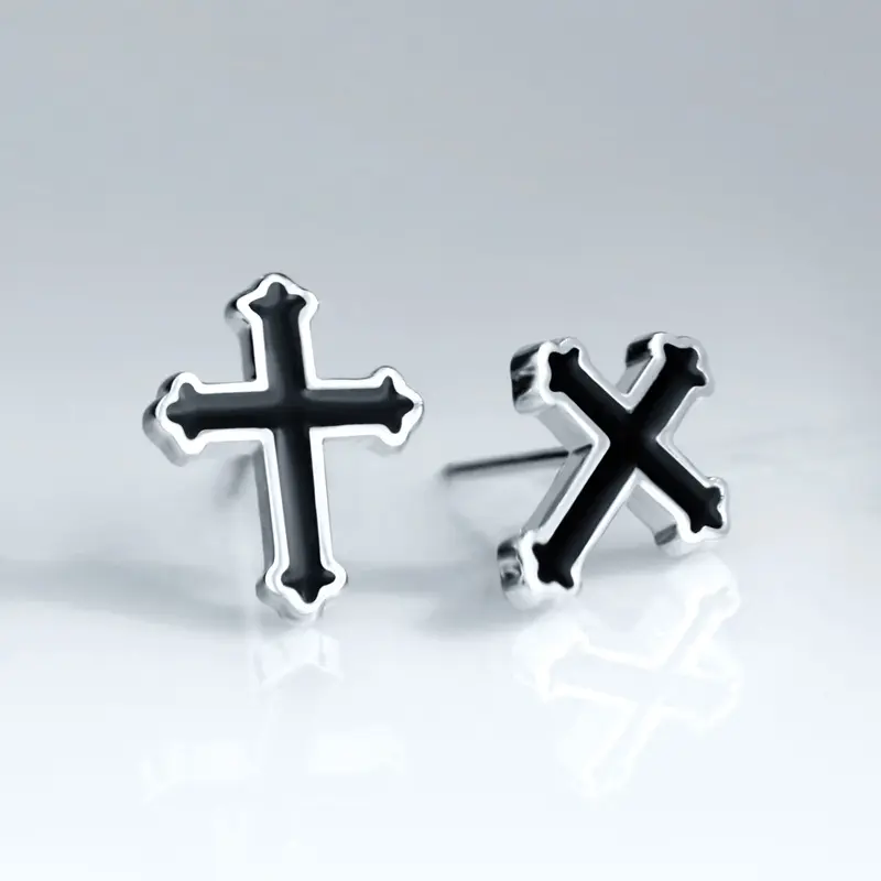 South Korea Personality Small Ear Studs Black Paint Cross Stud Earrings Trendy Men's Fashion Enamel Earrings Cool Earrings Wholesale