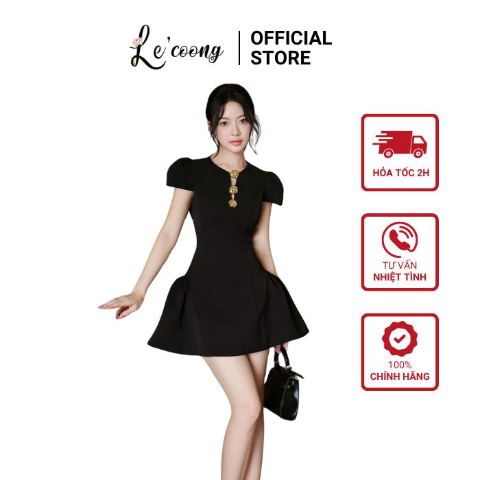 Váy Thiết Kế Tay Con Dáng Ngắn Xòe LECOONG V800 Có BIGSIZE Đầm Đẹp Sang Chảnh Đính Ba Khuy Màu Đen