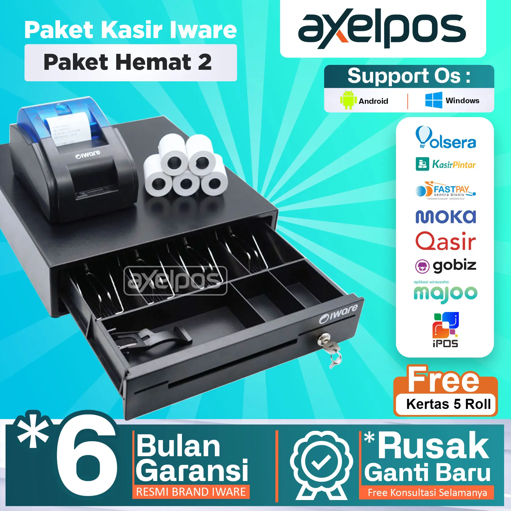 Paket Mesin Alat Kasir Android Printer Bluetooth Cash Drawer Laci kasir - Free kertas 5 Roll