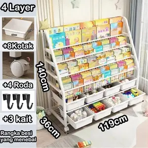 Rak Buku Susun Serbaguna Tempat Rak Buku Anak Rak Portable Roda Rak Mainan Rak Roda Toy Storage - 4Layer+8Kotak