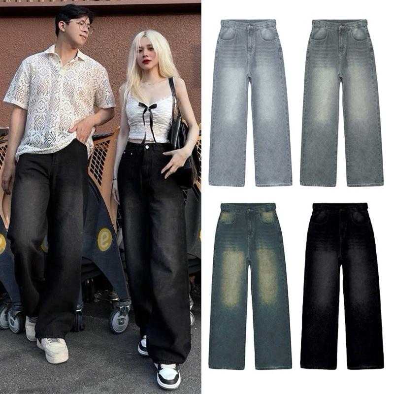 Quần Jeans Dài Cotton NQ30 Ống Rộng Cạp Cao Tôn Dáng Nam Nữ Unisex