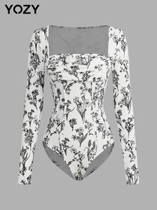 YOZY Women's Floral Print Ruched Corset Ribbed Bodysuit, Snap Button Closure Crotch Long Sleeve Square Neck Bodysuit for Spring & Fall, Women's Clothes for Daily Wear