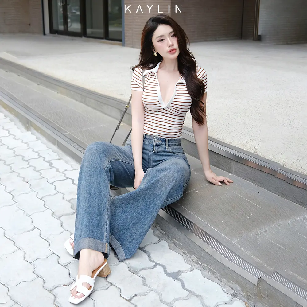 Áo thun nữ KAYLIN form ôm cổ Sơ mi phối sọc chất vài thun co giản form Polo phong cách công sở thanh lịch - N2252 Top Women Polo Cotton | BigBuy360 - bigbuy360.vn