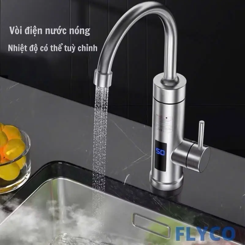 2025 Vòi Máy Điện mẫu Inox 304 Làm Nước Nóng Lạnh Trực Tiếp Gắn Chậu Rửa Bát kèm Aptomat Chống Giật Flyco (có van xả áp)