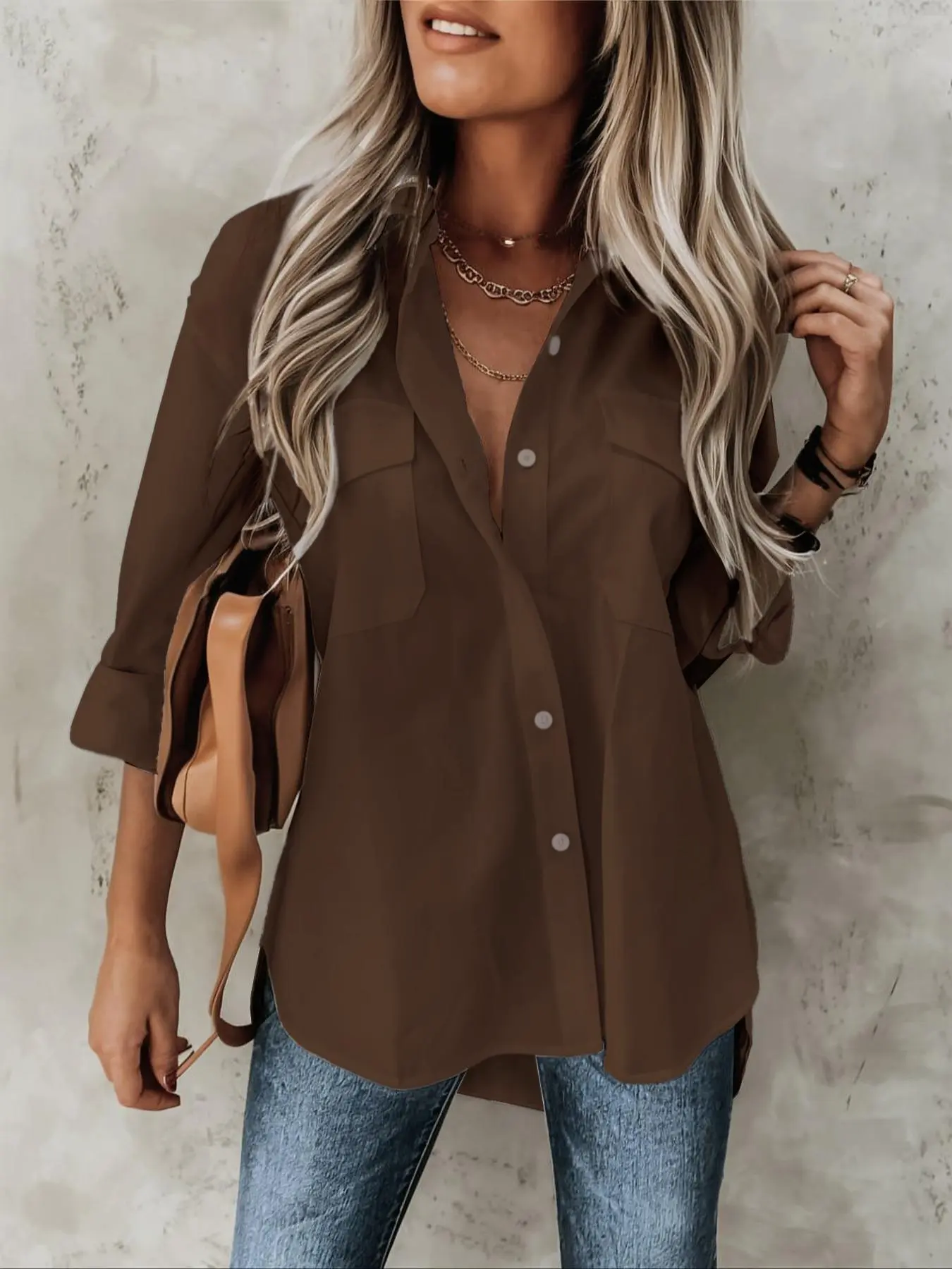 【Plus Size】 Solid Color Rolled Sleeve Button Up Shirt, Casual Curved Hem Top for Spring & Fall, Women's Clothes for Daily Wear