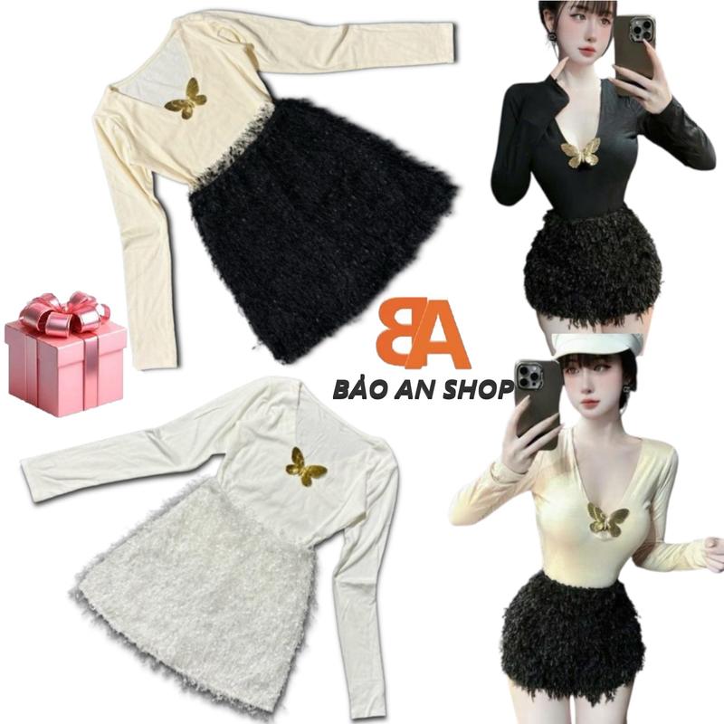 [ SB-235 ] Sét bộ 2 món áo cổ V tay dài ôm và chân váy body from ngắn lưng thun chất lông kèm lót lụa có quần top hot Chun Nữ Voi Women