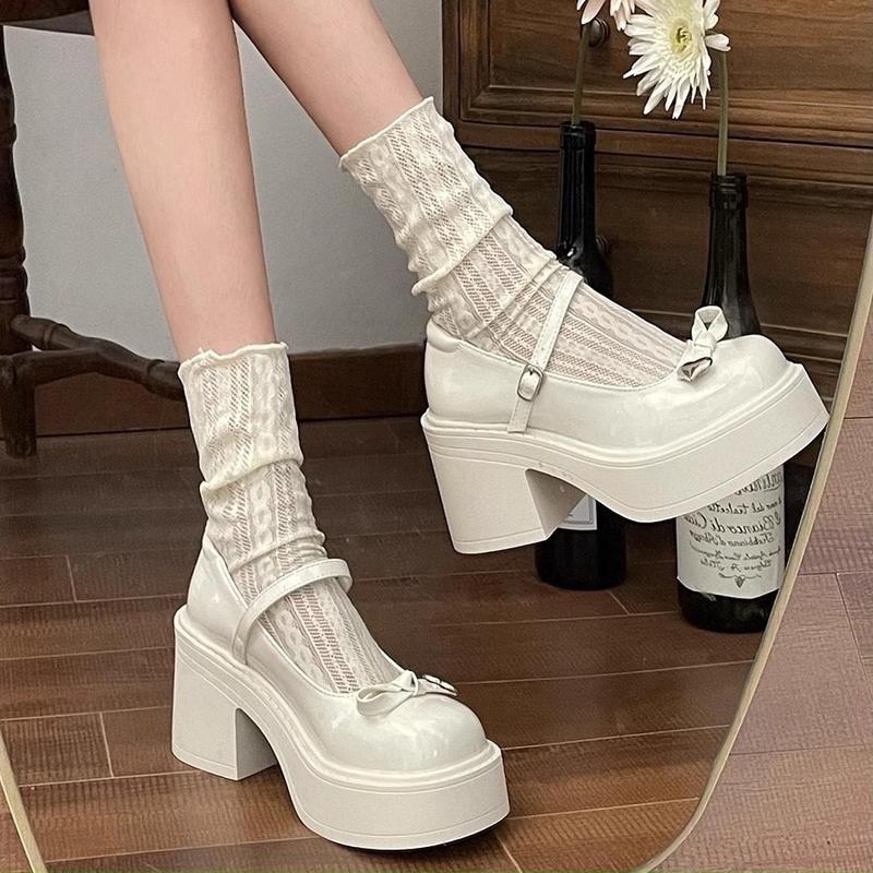 Form to lùi 1 sz Giày búp bê lolita nữ trắng đế cao 6 phân FULLBOX GD049 Cao Su Shoes Caro Len Hoa giày mary