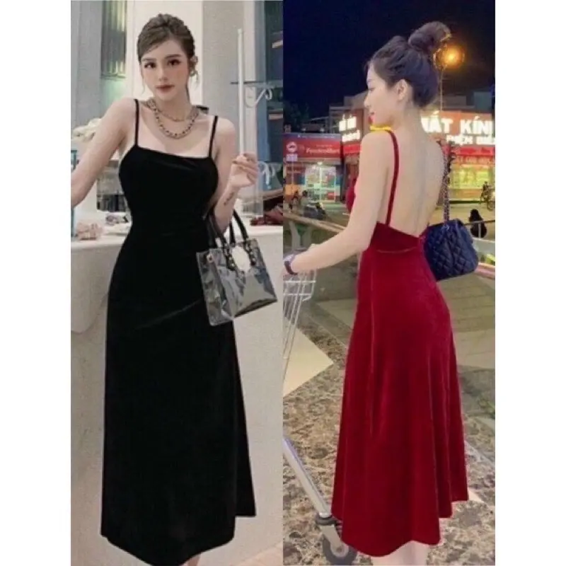 Đầm Nhung 2 Dây Dáng Dài Chữ A Hở Lưng Sexy Form Đẹp- Chất Nhung mềm Khoá kéo sau) Kèm cận chất.