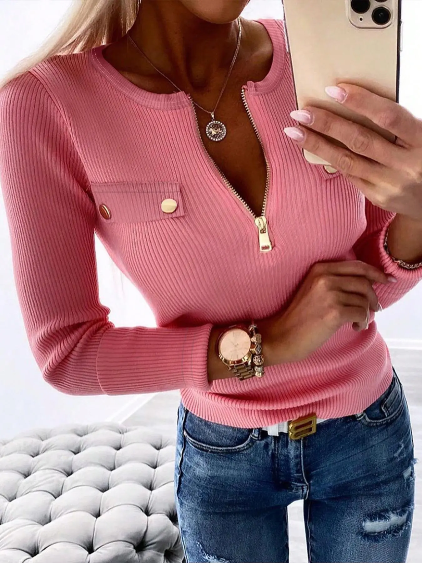Women's Plain Zipper Half Placket Tee, Casual Minimalist Long Sleeve Round Neck Top for Daily Wear, T Shirts for Women, Ladies Knitwear for All Seasons Valentine's Day