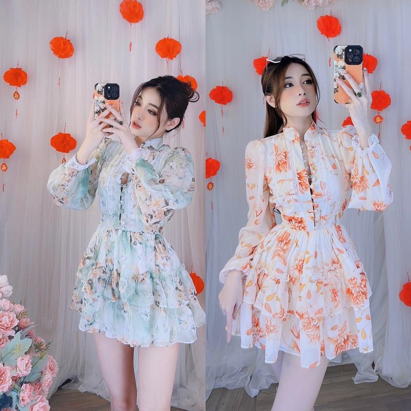 Váy hoa ngắn nút bọc phối ren tiểu thư xinh - 7 màu sắc - Kích cỡ S,M,L - Nữ, Voan