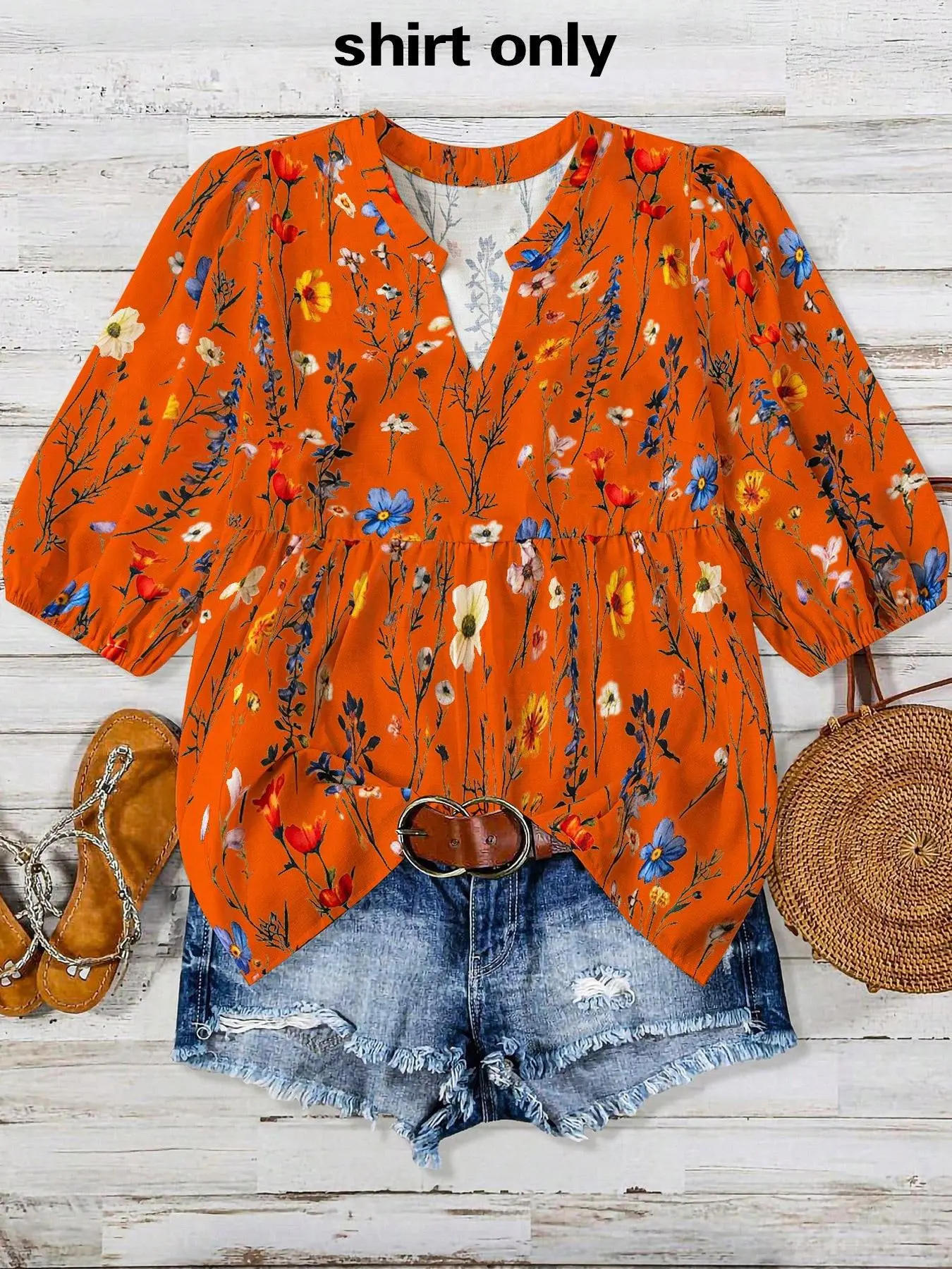Women's Plain Floral Print Curved Hem Top, Casual Short Sleeve Peplum Top for Summer, Ladies Clothes for Daily Wear