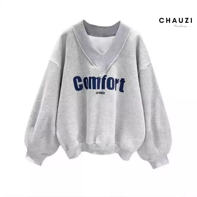 Áo nỉ sweater cổ tim nữ thời trang HÀN QUỐC mới cổ chữ V form Unisex rộng AN778 - Women's Top màu Xám Voi Nhung